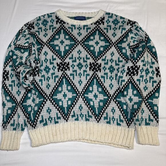 VTG Claybrooke Unisex Medium Sweater Cream Teal Navy Chunky Knit Long Sleeve - Picture 1 of 13